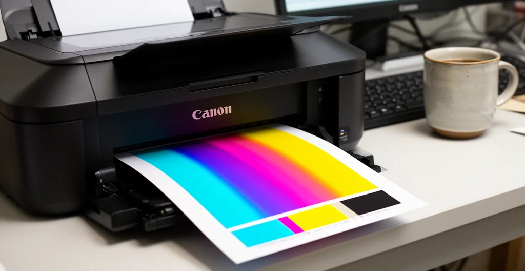 Page test couleur sortant d'une imprimante Canon Pixma