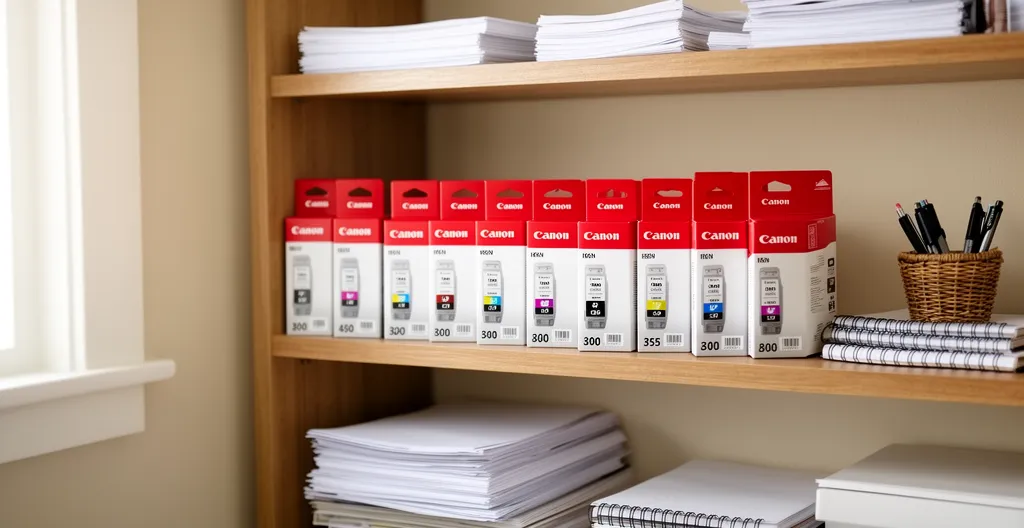Cartouches Canon dans leur emballage rangées sur une étagère