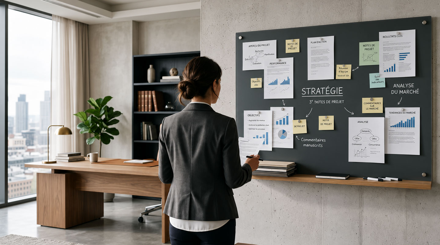 Espace de direction moderne avec un tableau en verre magnétique gris anthracite fixé au mur, documents aimantés et notes visibles