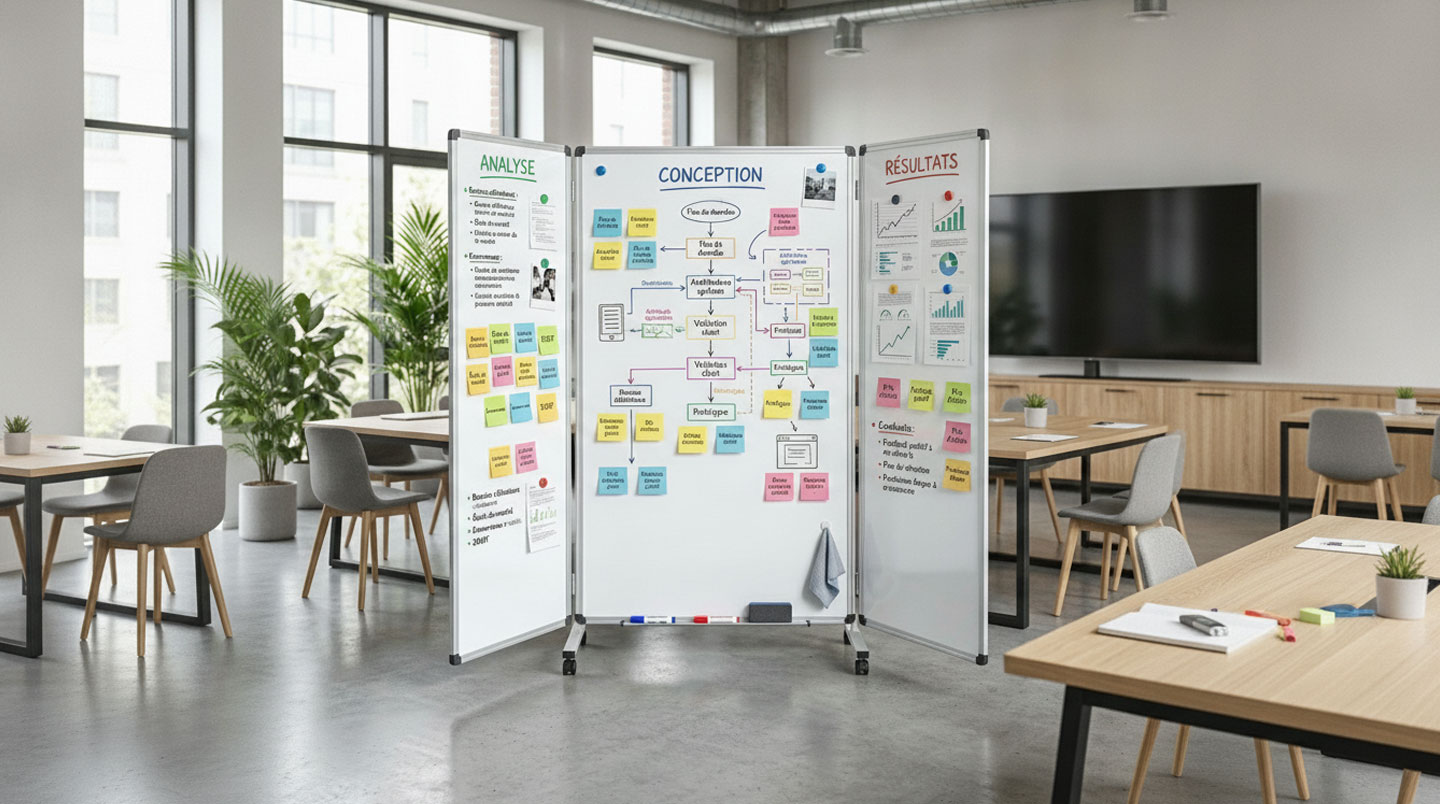 Tableau magnétique triptyque complètement ouvert dans une salle de formation, avec notes et schémas répartis sur les trois panneaux
