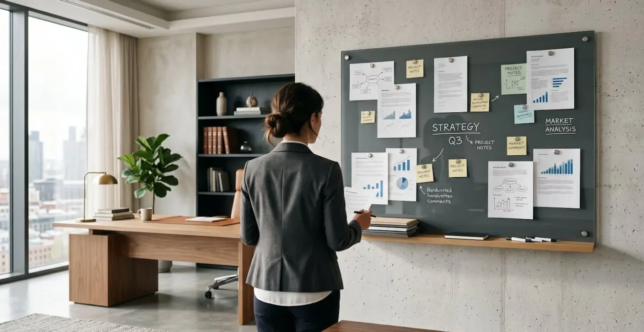 Espace de direction moderne avec un tableau en verre magnétique gris anthracite fixé au mur, documents aimantés et notes visibles