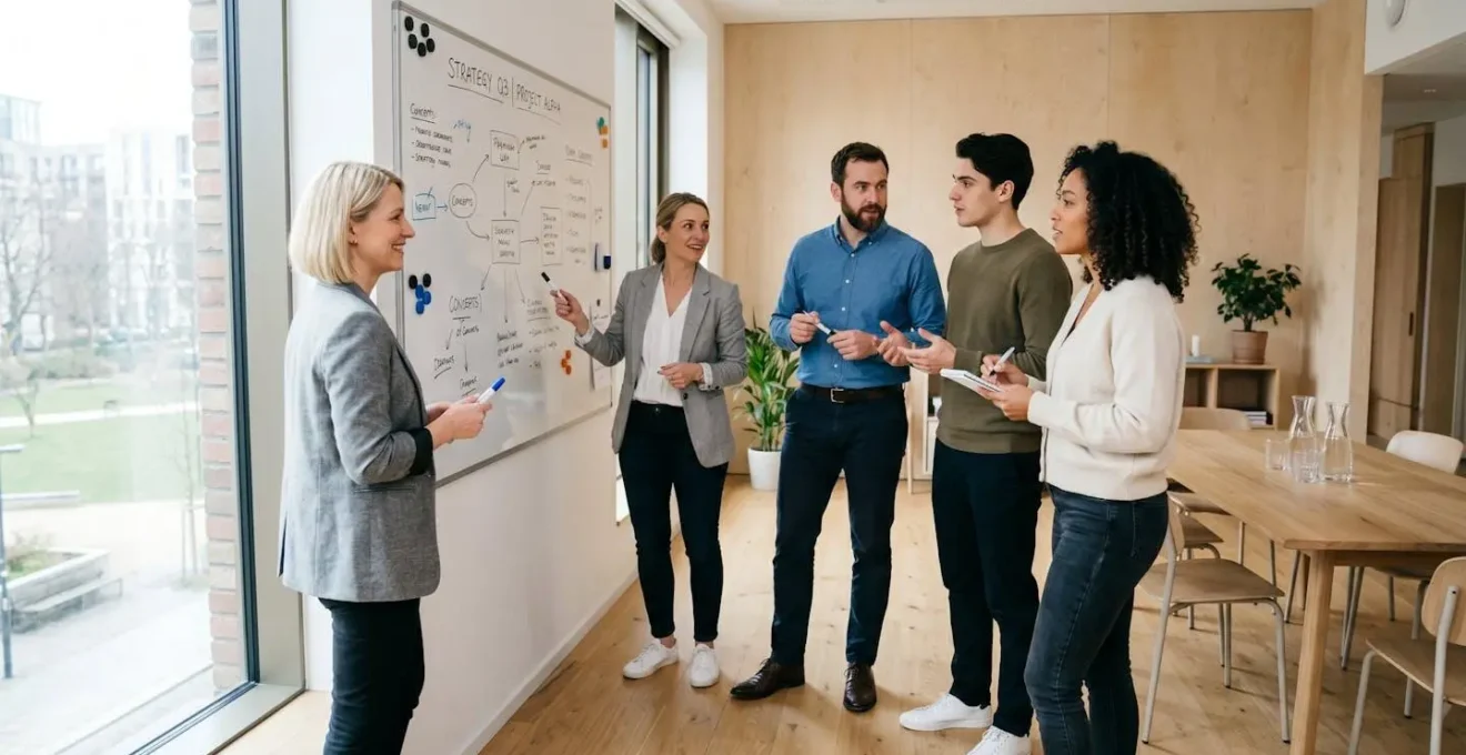 Salle de réunion professionnelle avec un grand tableau blanc magnétique fixé au mur, entouré de collaborateurs debout en discussion