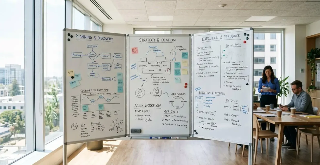 Tableau magnétique triptyque complètement ouvert dans une salle de formation, avec notes et schémas répartis sur les trois panneaux